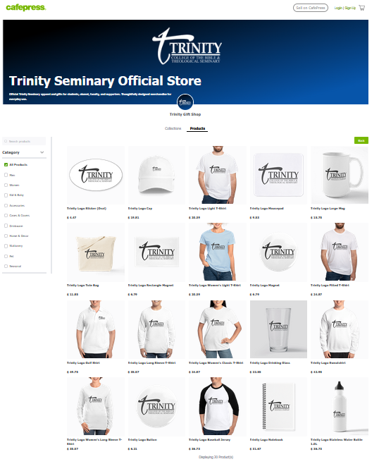 Screen shot of the Trinity Store for Official Trinity Merchandise